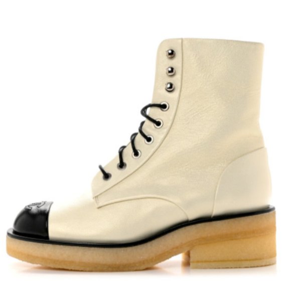 CHANEL Shoes - CHANEL 22A Grained Shimmer Leather Lace Up Combat Biker Hiking Ankle Boots